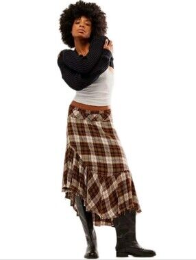 Free People Marcelline Asymmetrical Plaid Ruffle Frayed Raw Edge Hem Sz: Small